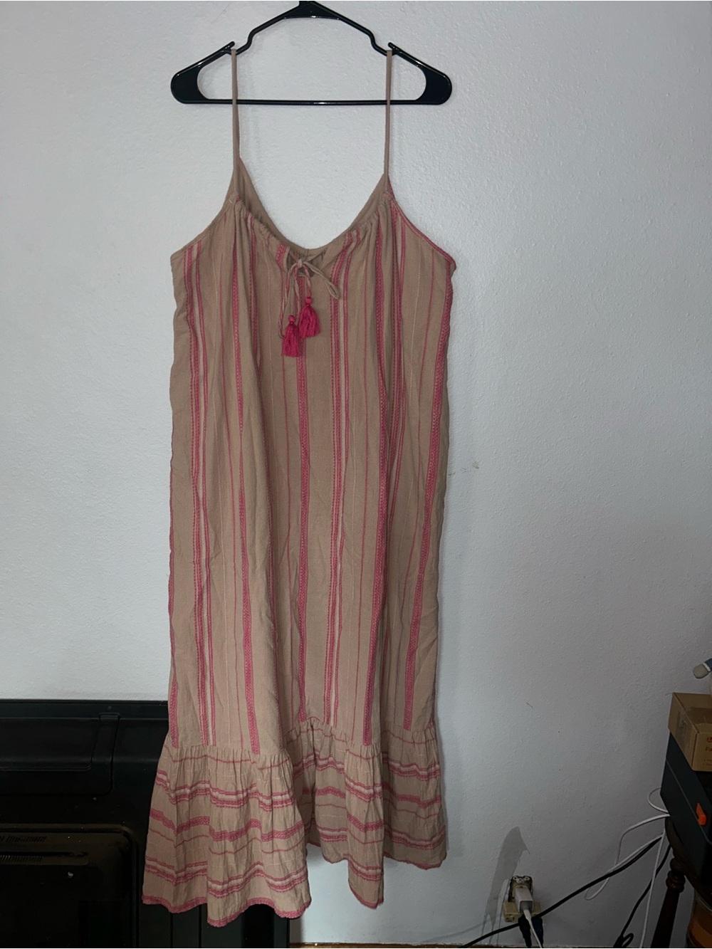 Time and Tru Beige Dress with Pink Stripe and Tassels